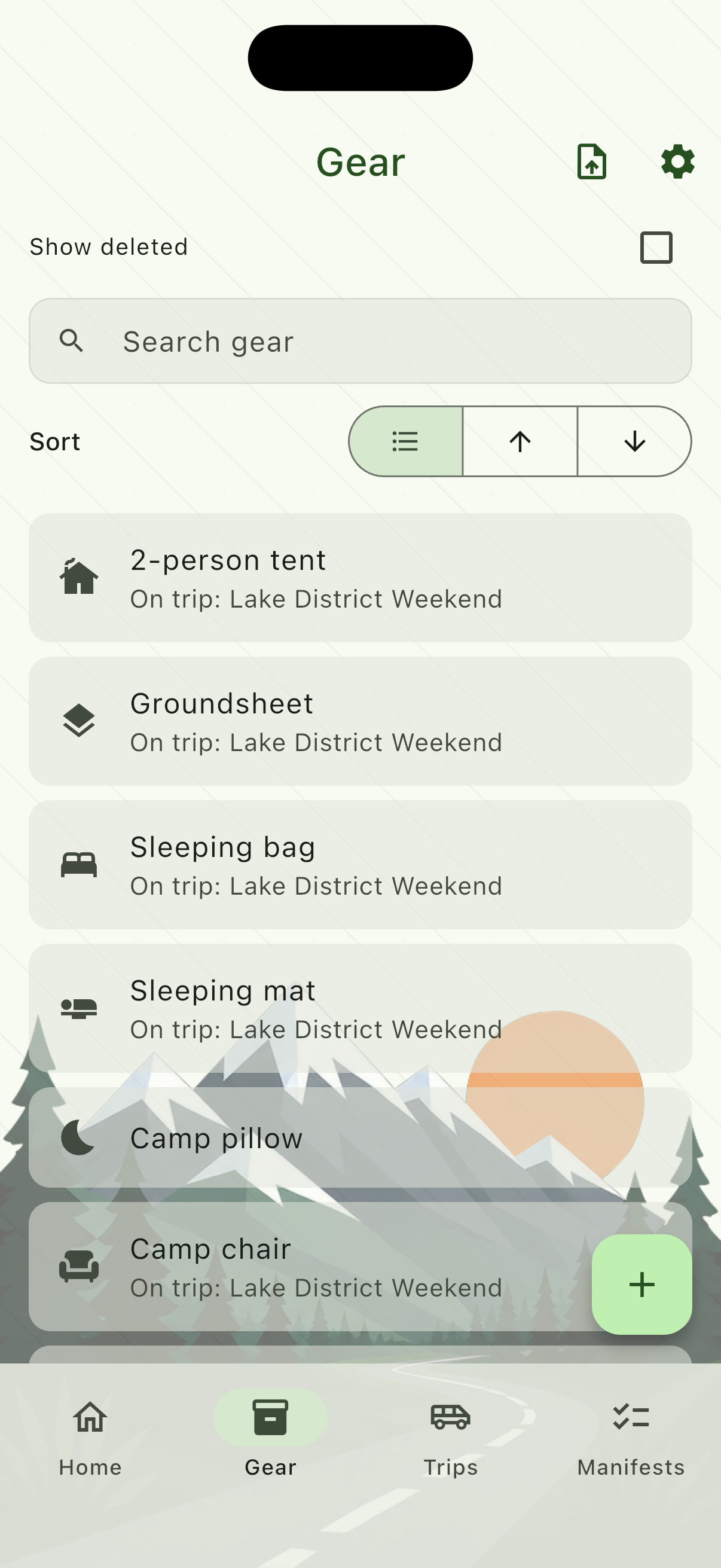 Gear inventory list with item names, icons, and search.