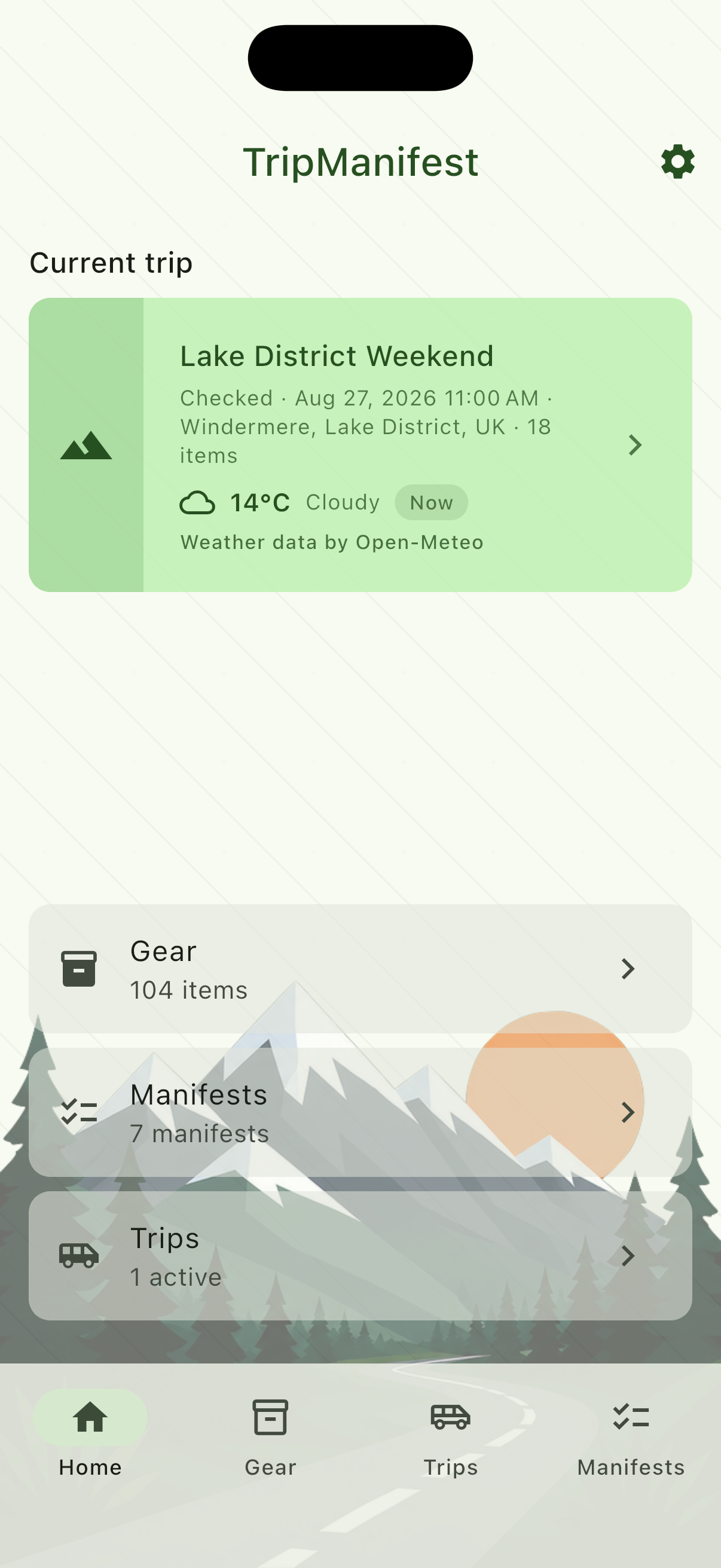 Home screen showing the current Lake District Weekend trip, weather, and Gear, Manifests, and Trips shortcuts.