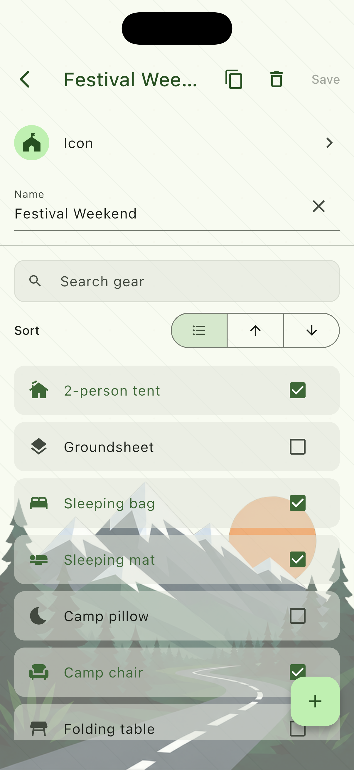 Campsite Setup manifest with gear rows and checkboxes.