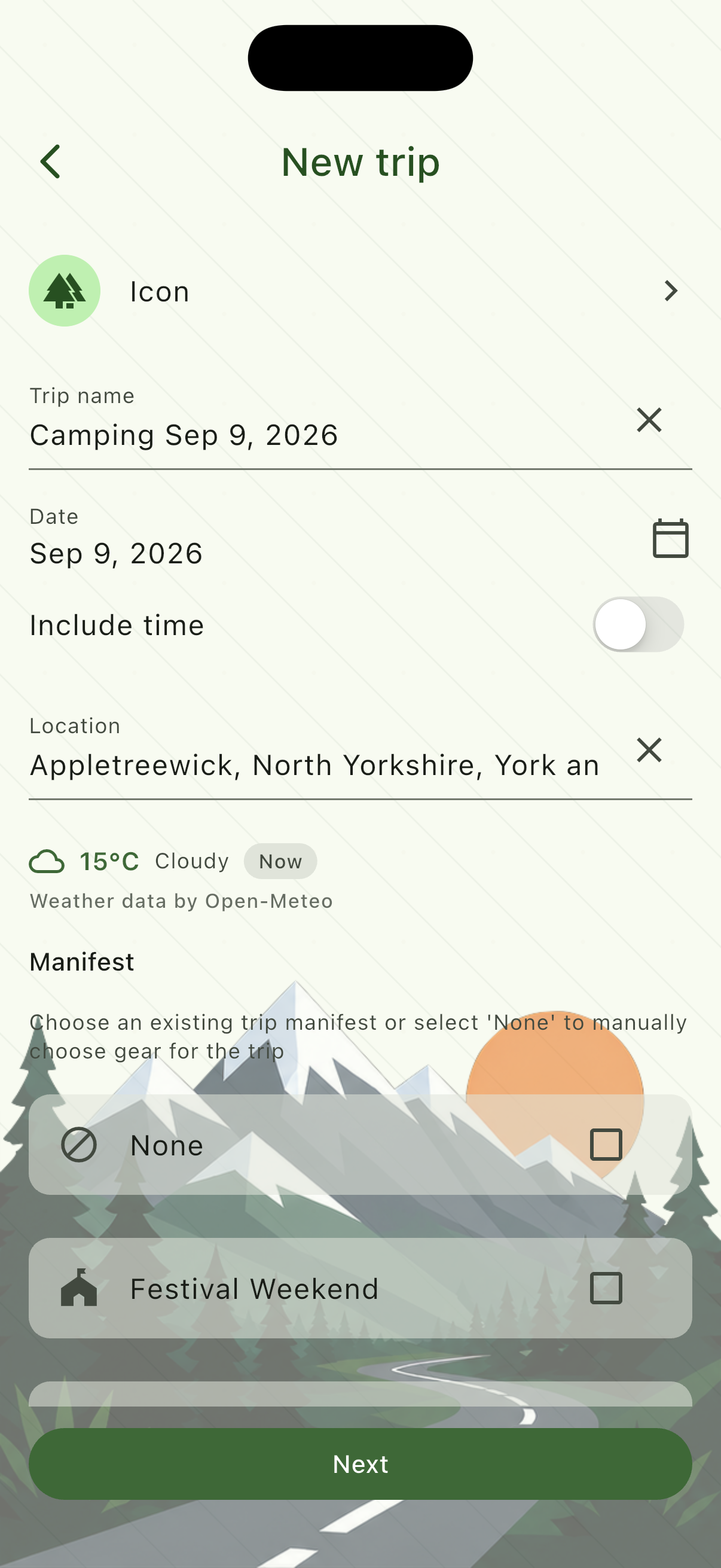 New trip options with name, date, location, and manifest checkboxes.
