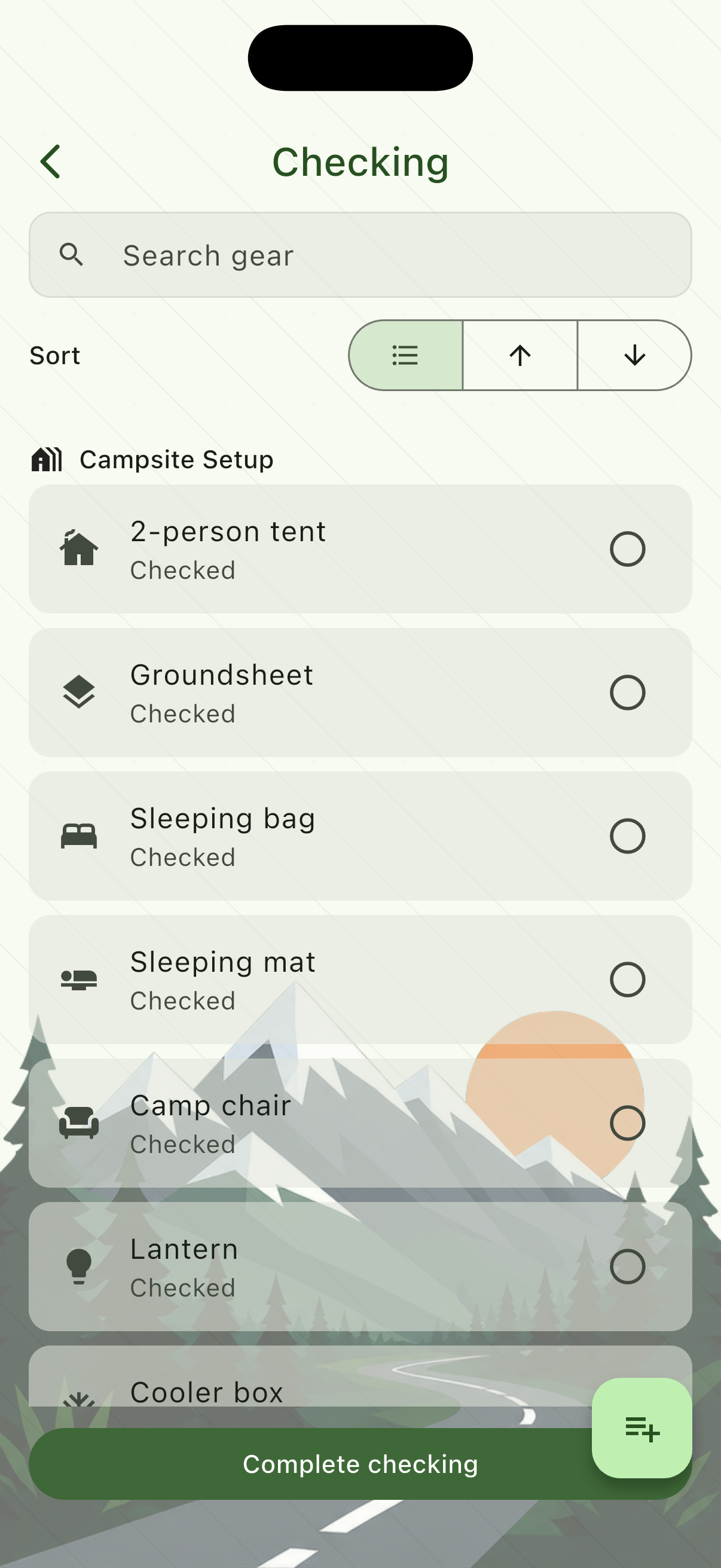 Checking phase with Campsite Setup items and a Complete checking button.