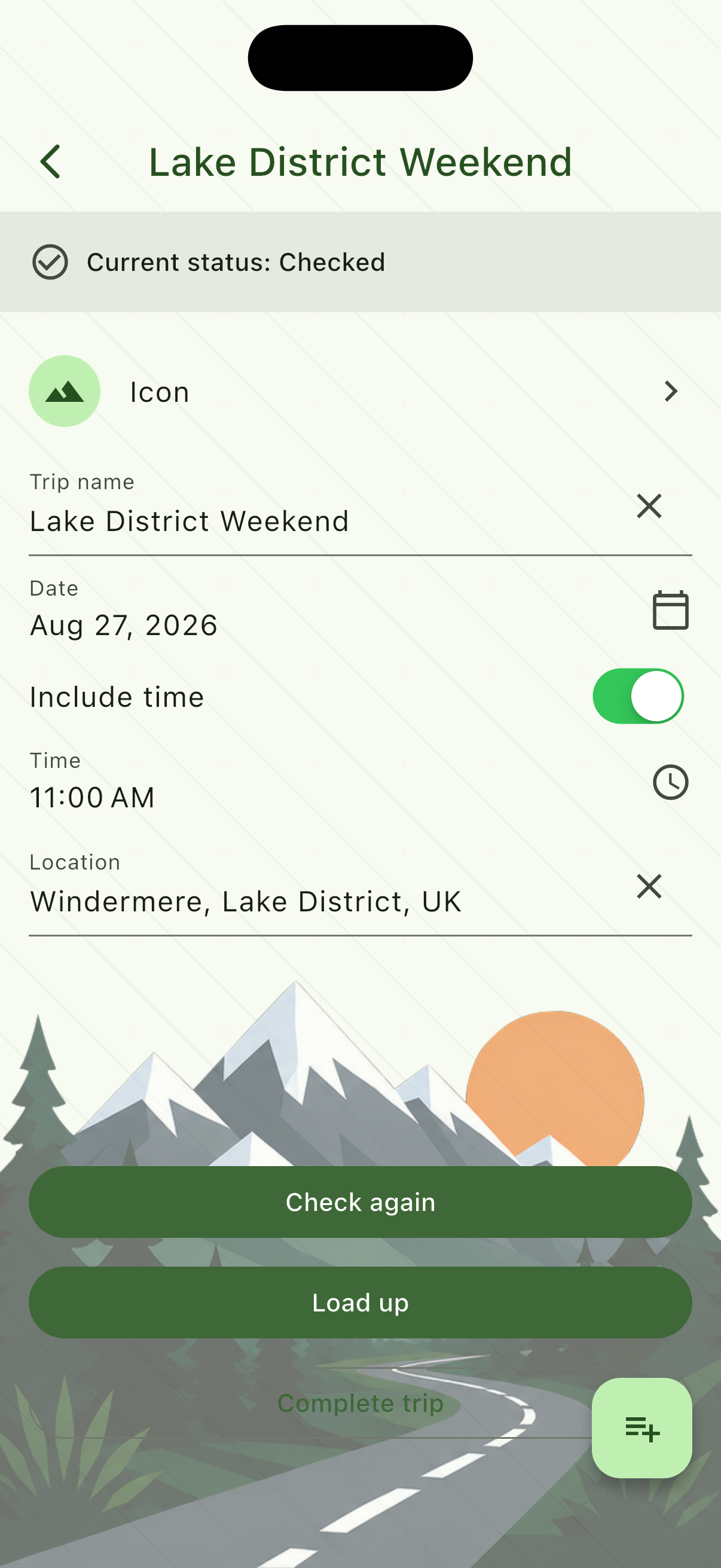 Active trip summary with location, selected gear chips, and Start checking and Load up buttons.